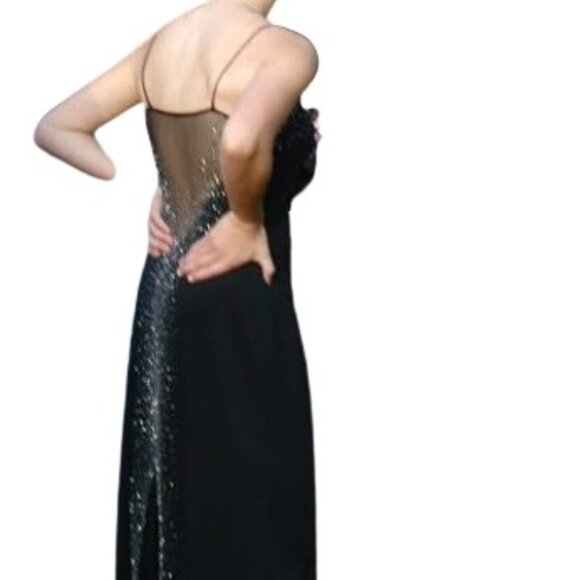 DJ Nights Laura Ryner Y2K Long Black Spaghetti Strap Beaded Prom Dress Gown -LNC - Picture 9 of 10